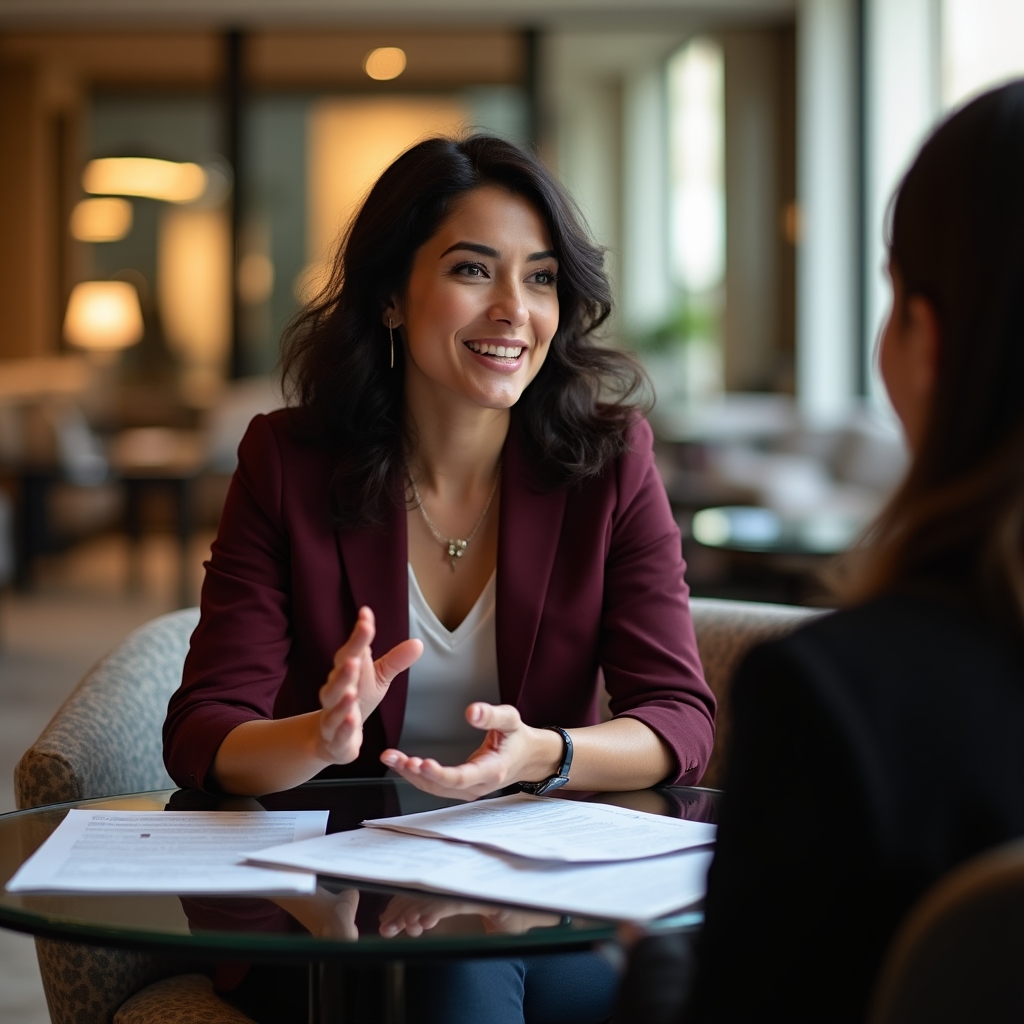 Consulting meeting in a professional office setting reviewing billing documents