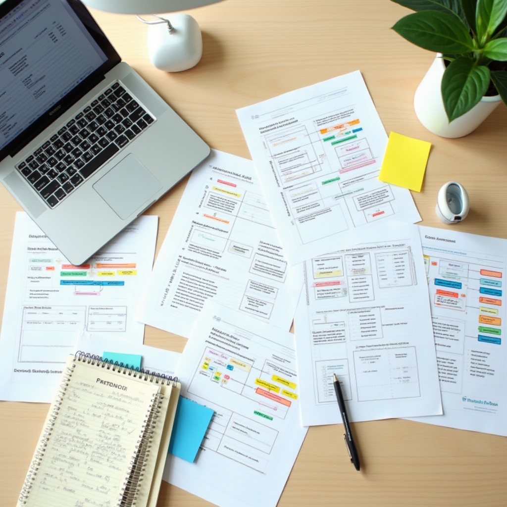 Process documentation laid out on a desk with organized notes and diagrams